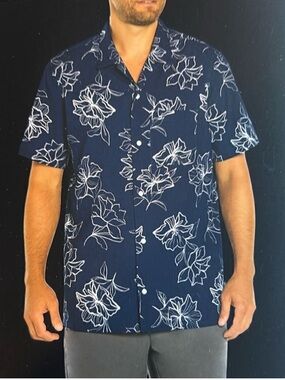 Gap Men's Short Sleeve Seersucker Medieval Blue Floral Shirt XXL